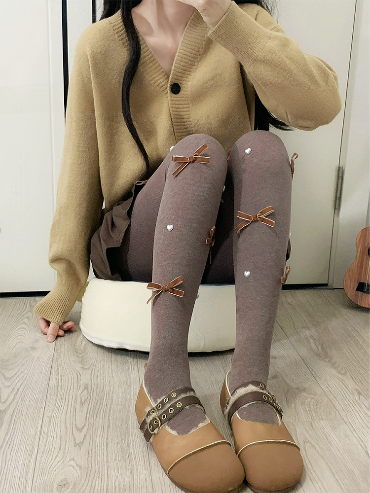 Milk White/Coffee/Gray Sweet Bowknot Heart Tights