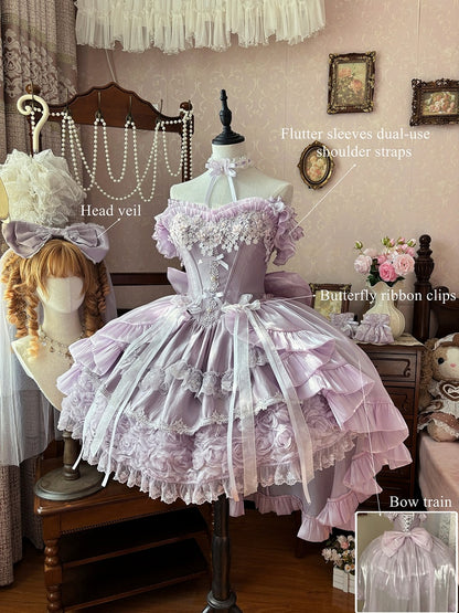 Lace Basque Blooming Flower Accents Hime Fluffy Lolita with Waist Layered Dress Purple
