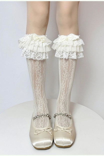Style Ruffled White) Calf Lace (Color: Layered Bow Lolita Socks