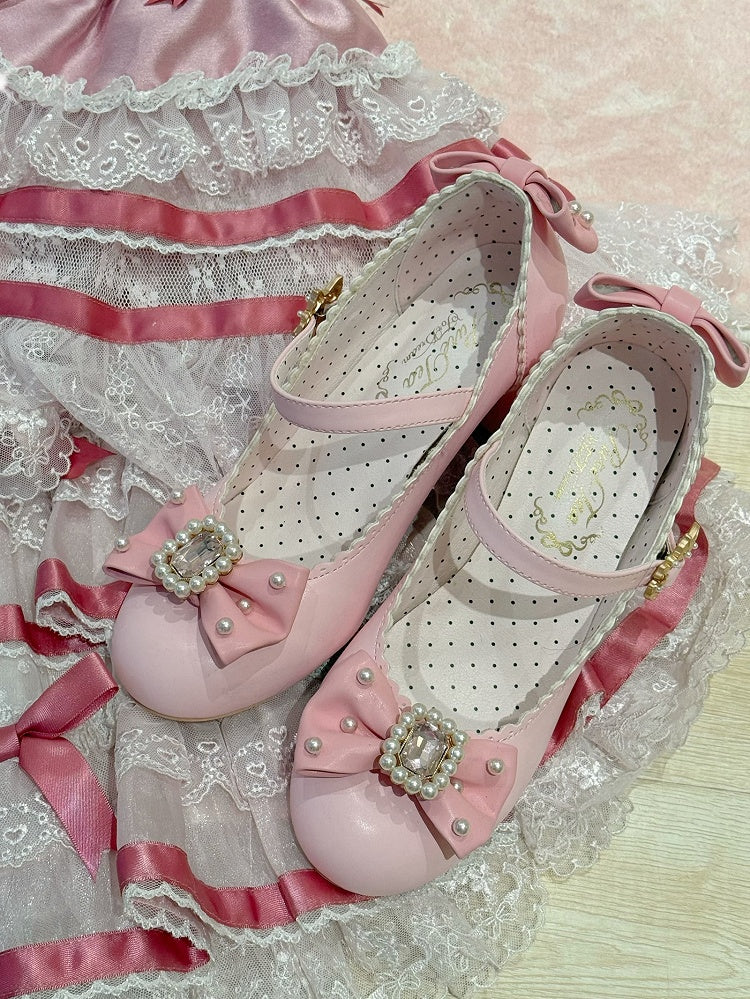 ジェーンズ ボウノット ラインストーン装飾 ラウンド メアリー ロリータ ディテール ビーズトゥ ピンク