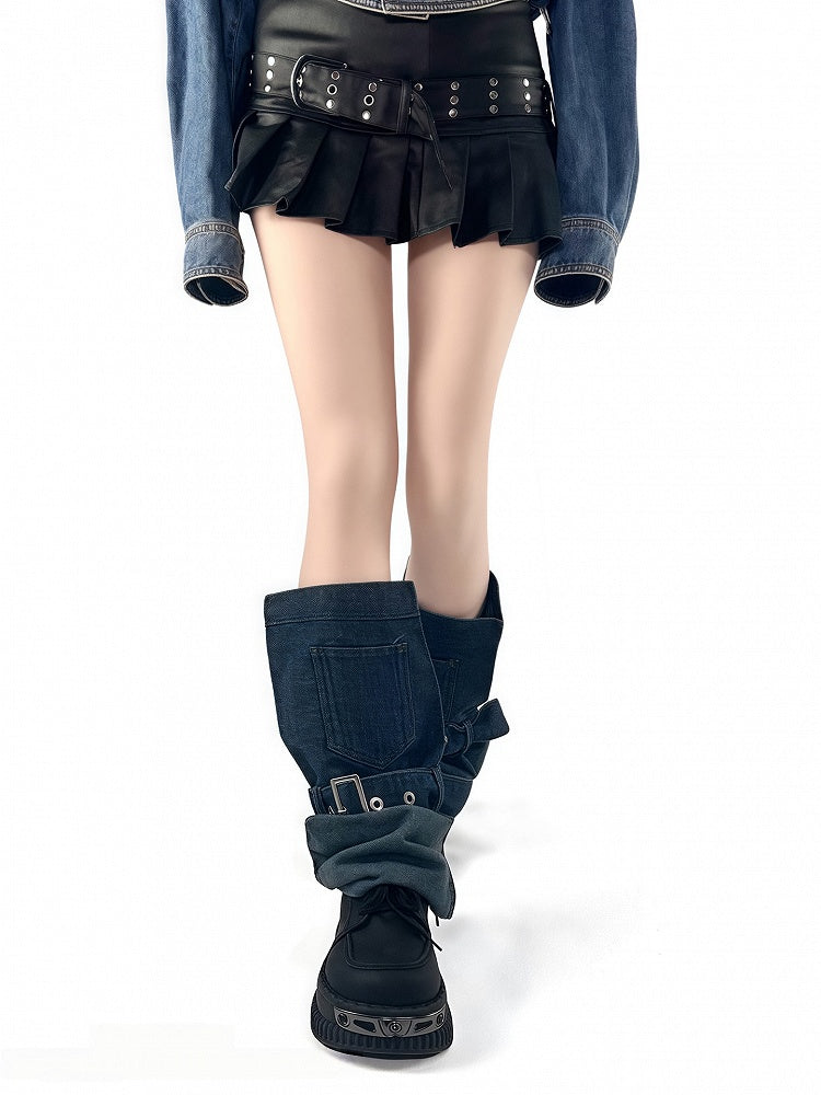 Blue/Black Color Gradient Leg Design Denim Loose Y2K Buckle Strap with Cuff Warmers