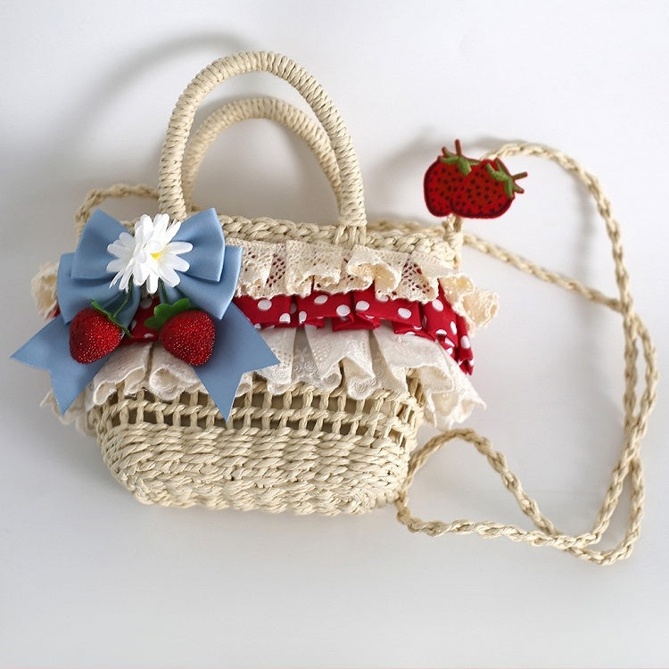 Strawberry Red Crochet Blue Bag Details Crossbody with