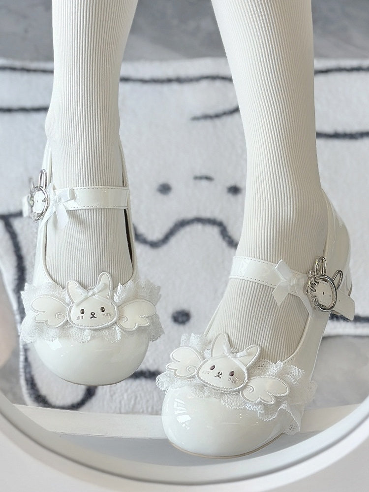 Applique Accents Low/Mid Wing Heels Sweet White - Lolita Toe Round Rabbit