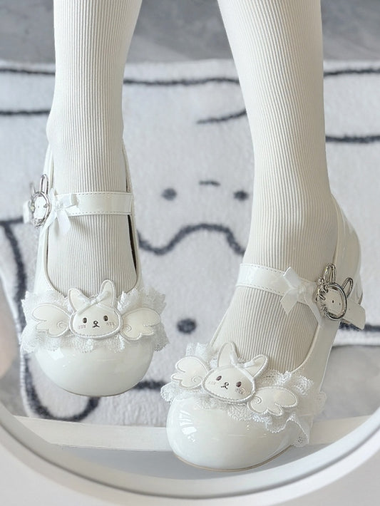 Applique Accents Low/Mid Wing Heels Sweet White - Lolita Toe Round Rabbit