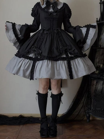 Lolita Gray Sleeves with Bell Black Dress Ruffled Gothic