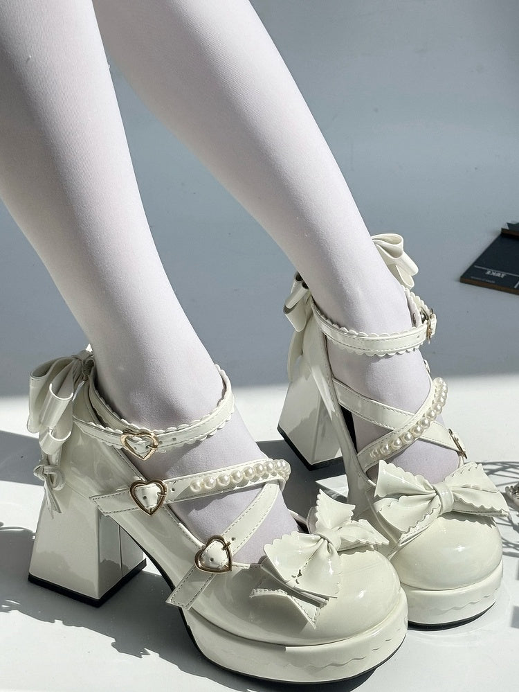 Plateau Mary Block mit überkreuzten Riemen - Janes Heel Schnalle High Sweet Lolita Weißes Herz Perlen