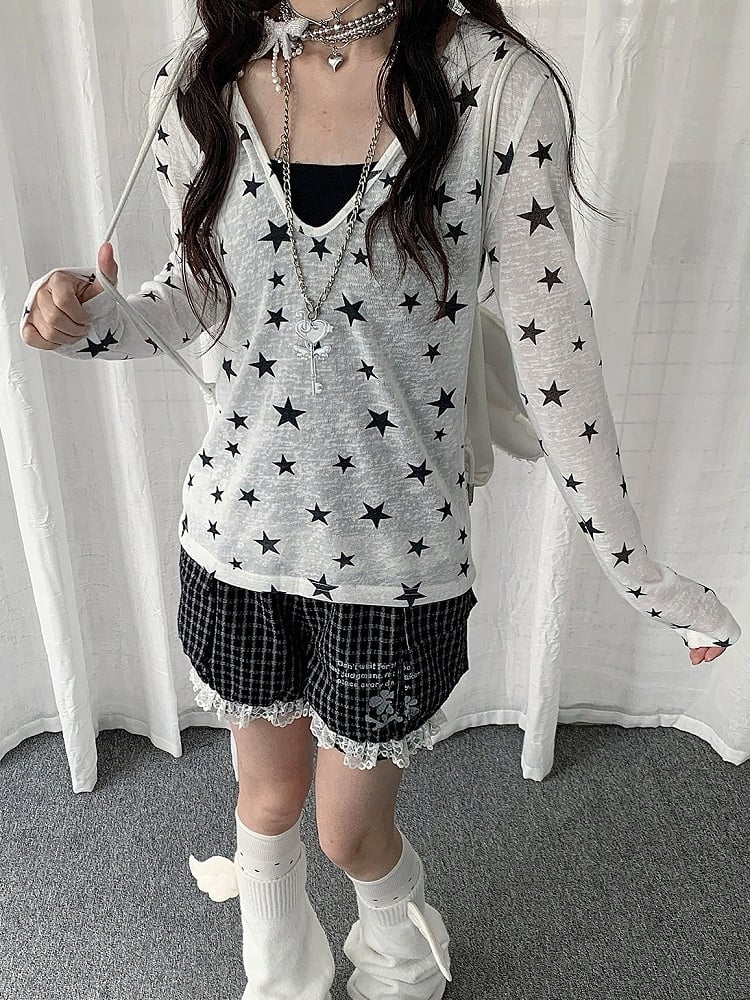 White Sheer Hooded Long Sleeve Top with Star Print Decoration - Solkatt