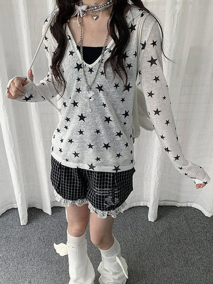 White Sheer Hooded Long Sleeve Top with Star Print Decoration - Solkatt