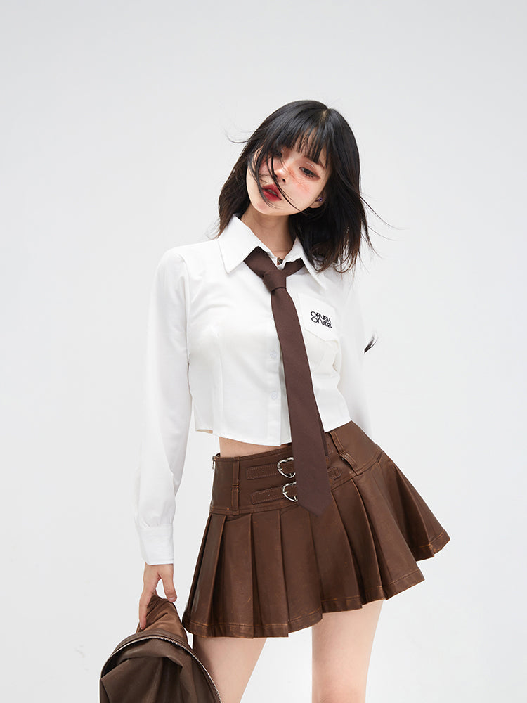 Buckles Fashion Brown Millard Autumn Pleated PU Heart-Shaped with for Mini Skirt