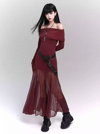 Wine Red Semi-sheer Off-the-shoulder Neckline Glamorous Dress