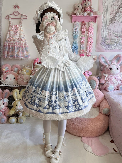 Sweet Winter Lolita Snowy Teddy Print White-Blue Gradient Lolita JSK Full Set