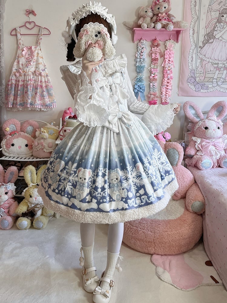 Teddy and Snowflake Print White-Blue Gradient Winter Sweet Lolita Dress with Fleece Hemline