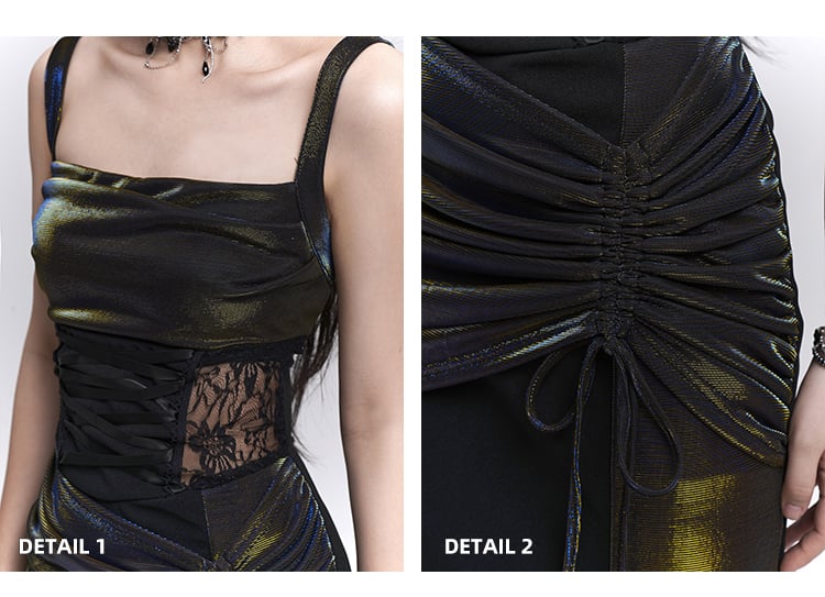 Taillenkordelzug Schwarze Spitze Hüfte Ärmelloses Kleid Patches