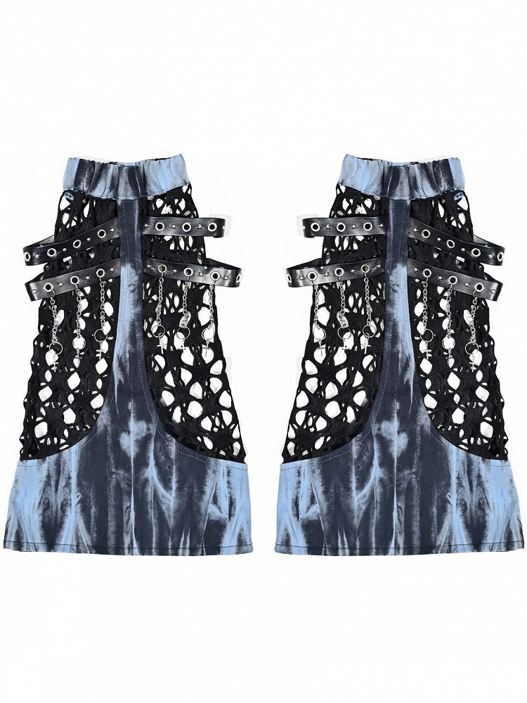 ブルーグランジメッシュブラックタイ＆パッチワーク染めロックレッグパンク