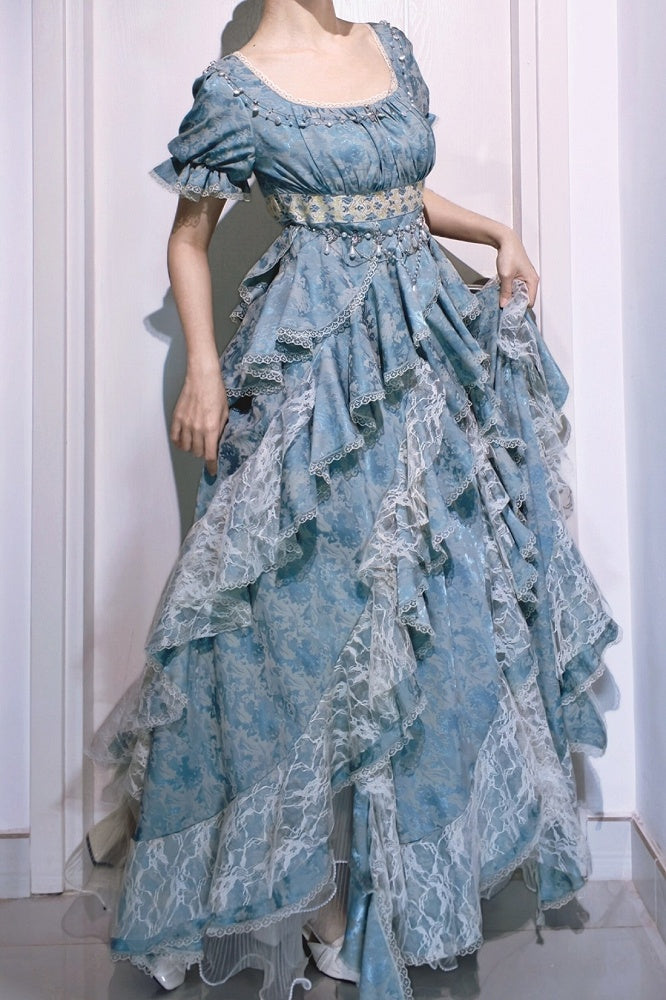 Lolita Sleeves Ruffles Empire Cascading Light Blue Waist Short Dress
