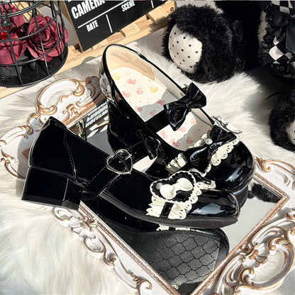 Black Lolita Low Heels with Round Toe, Beadwork, Heart Buckles - SuperPink