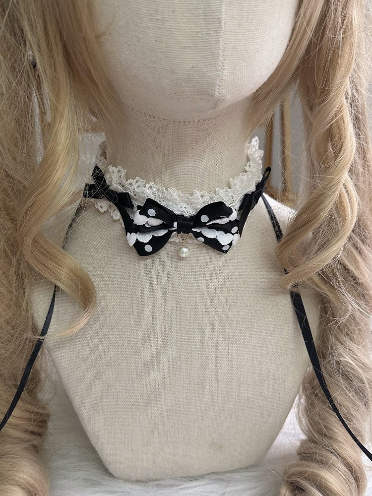 and Choker Black White Bow Polka-dot Lace Sweet Lolita