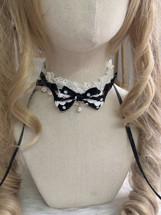 and Choker Black White Bow Polka-dot Lace Sweet Lolita
