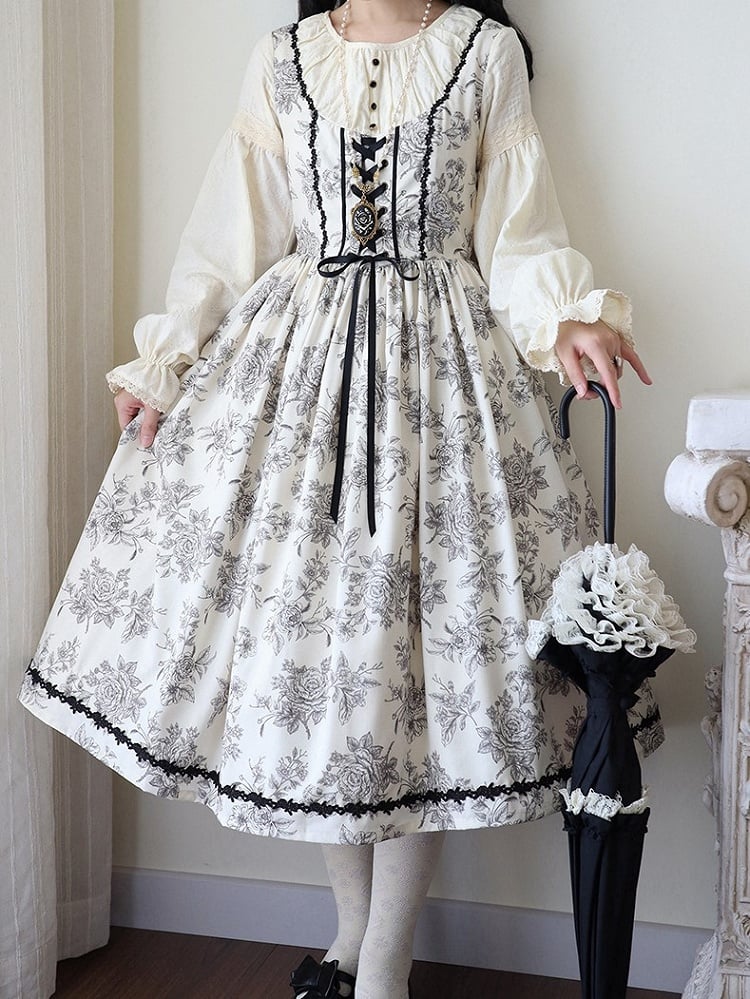 Beige & Black Rosette Print Long-sleeved Elegant Classic Lolita Dress