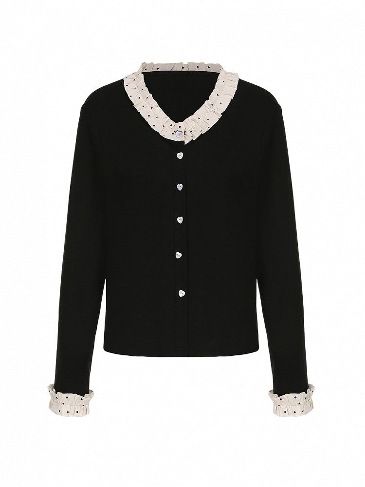 Plus Dot Buttons Cardigan with Polka Size Heart Trim Black Ruffle