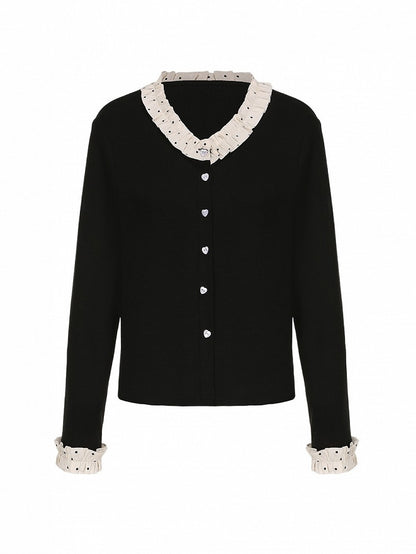 Plus Dot Buttons Cardigan with Polka Size Heart Trim Black Ruffle