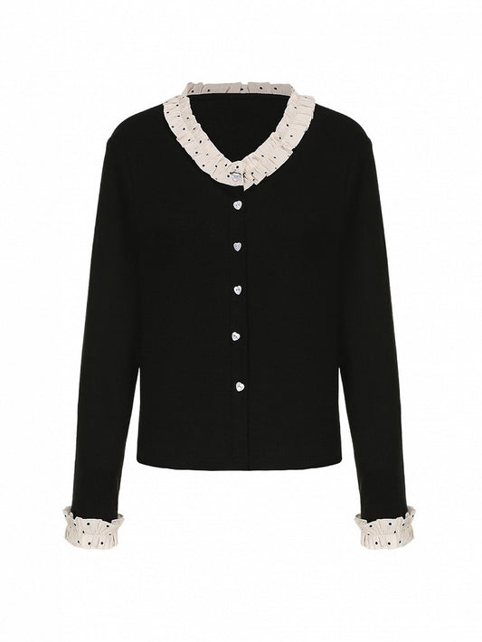 Plus Dot Buttons Cardigan with Polka Size Heart Trim Black Ruffle