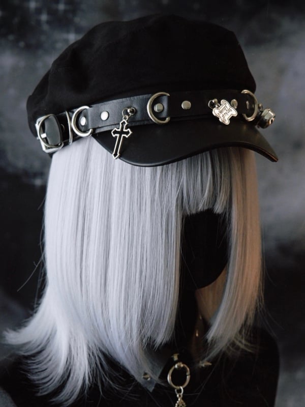 Nieten Kreuz Baskenmütze und Knochen Hut Schwarz Gothic Details Charme