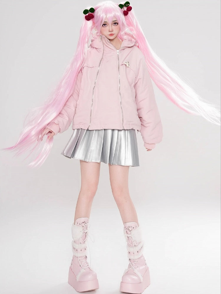 Black/Pink Zips Cat Ears Hood Thick Zip Hoodie