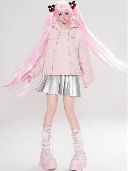 Black/Pink Zips Cat Ears Hood Thick Zip Hoodie