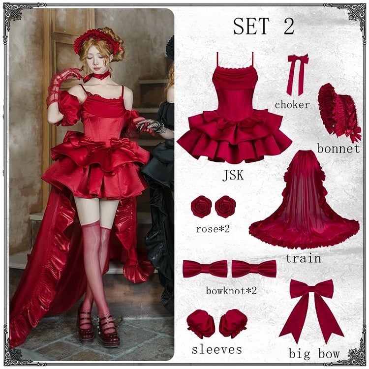 Basque Spaghetti Dress Neckline Full Boned Jumper Waist Cowl Red Skirt Lolita Set Elegant