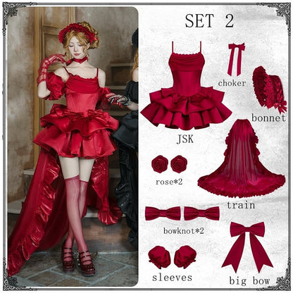 Basque Spaghetti Dress Neckline Full Boned Jumper Waist Cowl Red Skirt Lolita Set Elegant