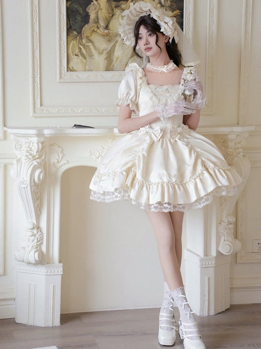 Kleid Beige und Ärmel Lolita Elegant Puff Kurzer Ausschnitt Klassisch Quadrat