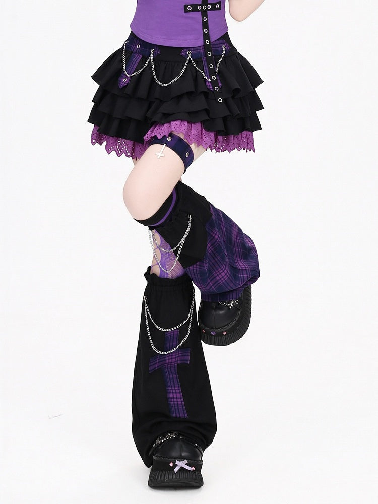 Purple & Black Plaid Tiered Skirt with Cross Chain and Lace - CRAZY GIRL