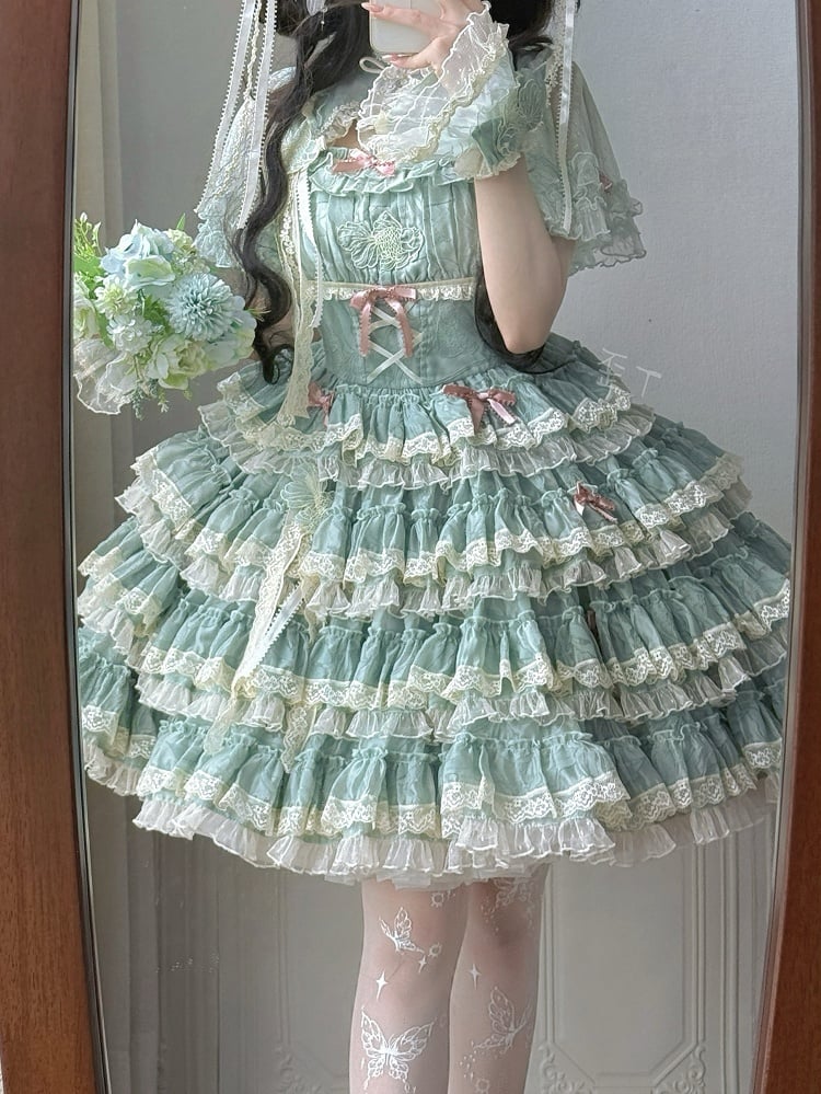 Lolita Dress Ruffles Embroidery Sweet Green and Goldfish Tiered Details Lace with