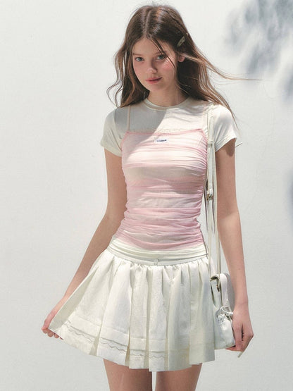 White and Skirt Kawaii Ruffled Pleats Details with Lace