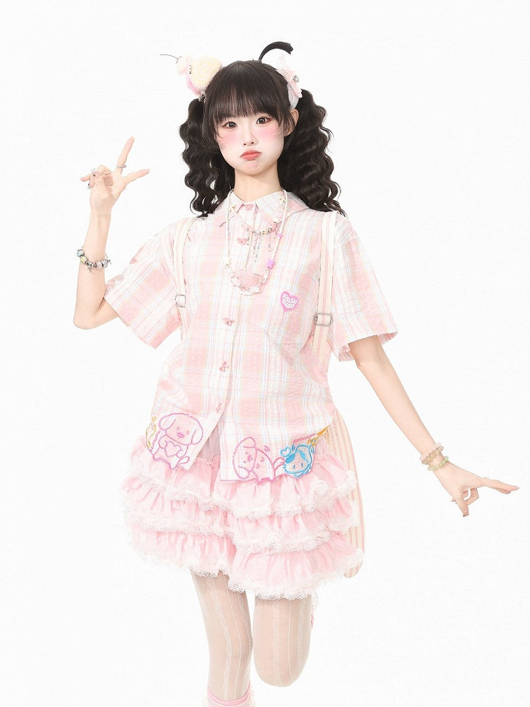 Rose Kawaii Tartan Tee with Pup Motif and Ribbon Buttons - Languid Park