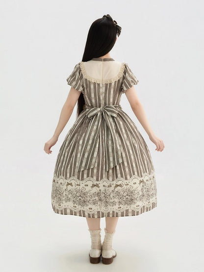 Bodice Pattern and Bowknot Lolita Piece Classic Embroidery Version Brown Long One Striped Floral