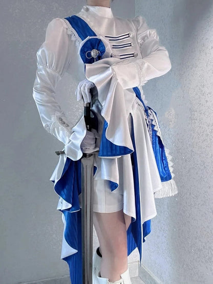 White & Blue Ouji Military Lolita Knight Top with Irregular Hem and Flared Cuffs - THE 400BLOWS