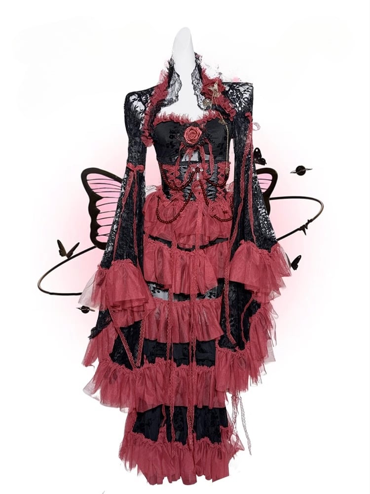 Schwarz-rotes Gothic-Set – Cami-Top + Spitzen-Bolero mit Glockenärmeln + Stufenrock mit Perlenkette und Schnürdetail