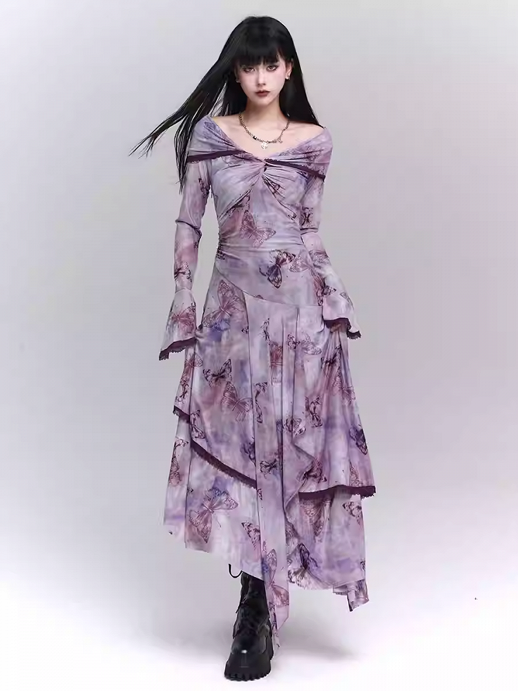Purple/Dark Gray/Apricot Off-the-Shoulder Butterfly Print Twist Detail Dress