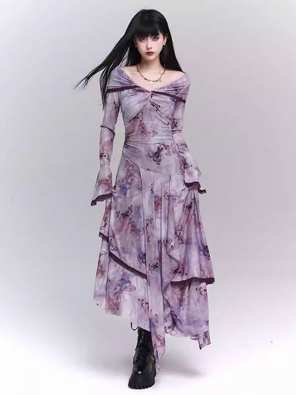 Purple/Dark Gray/Apricot Off-the-Shoulder Butterfly Print Twist Detail Dress