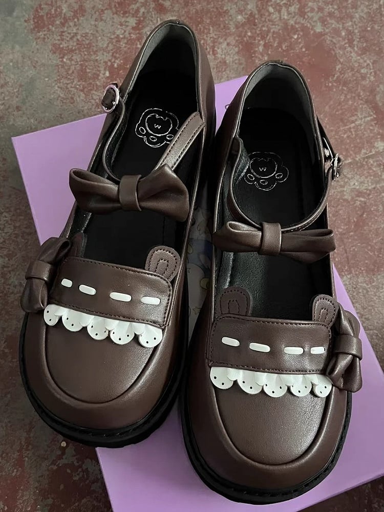 Delicate Flat and Bear Details Mary Bow Brown Sole Janes for Dark Ears 2.8cm with Lolita Fashion