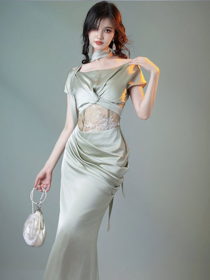 Green Satin Fish Tail Dress with Self-Tie Strap and Lace Waist - sijinstudio