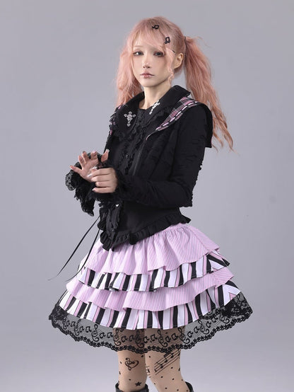Hime Gyaru Tiered Pink & Black Striped Skirt with Musical Note Embroidered Lace Hem