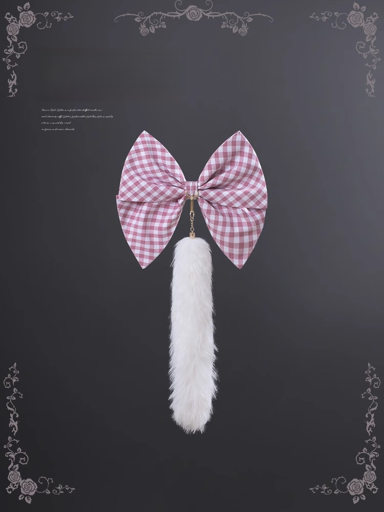 Pink Plaid Big Bow Faux Fur Kitty Tail