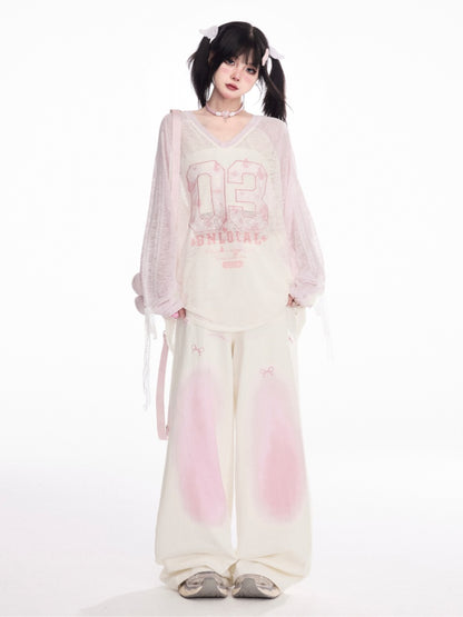 ピンクのオンブレローアプリコットリボンプリントワイドレッグパンツウエスト