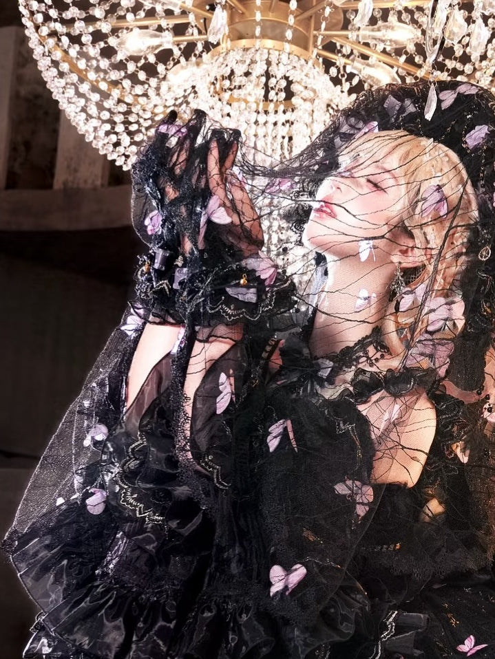 Black & Purple Bowknot Mesh Gloves with Bead Details - Cat Fairy Lolita