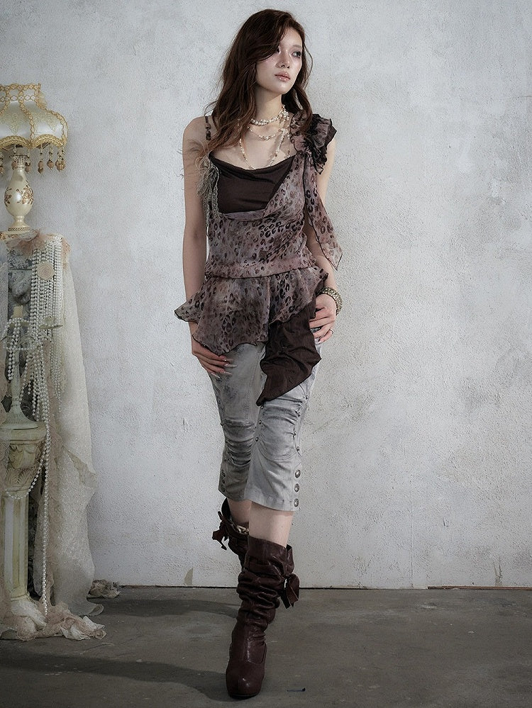 Brown Leopard Cowl-Neck Asymmetric Faux Two-Piece Dress - NO ROMANCE