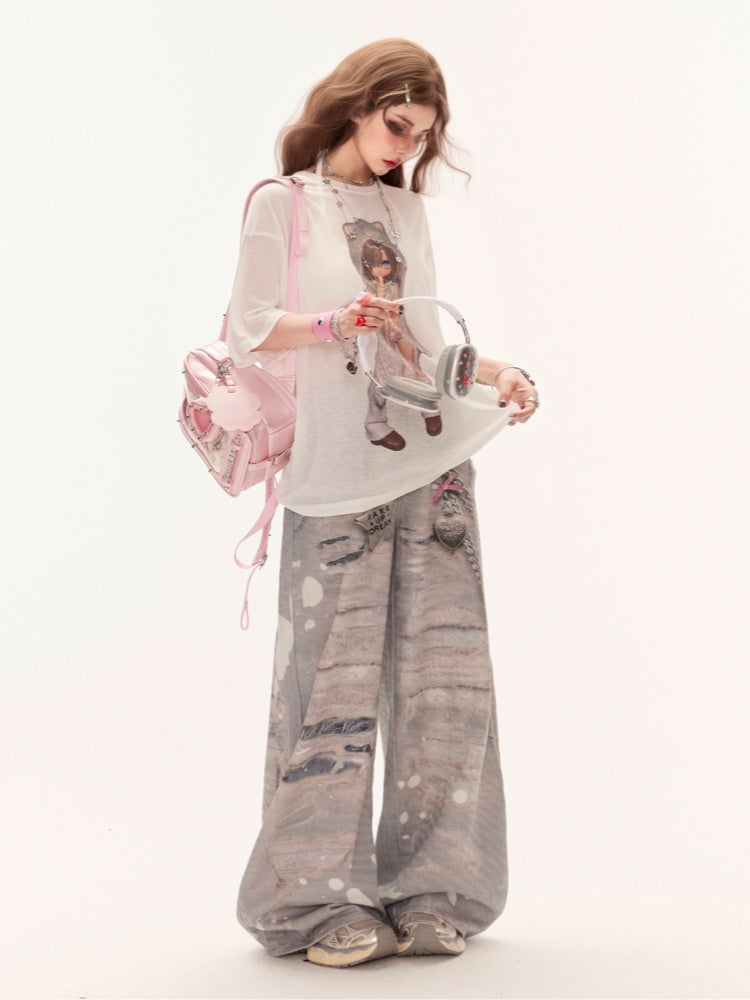 Halbtransparentes Coverup mit Cartoon-Charakter-Print, weißer Rundhalsausschnitt