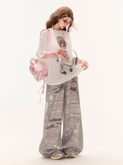 Halbtransparentes Coverup mit Cartoon-Charakter-Print, weißer Rundhalsausschnitt